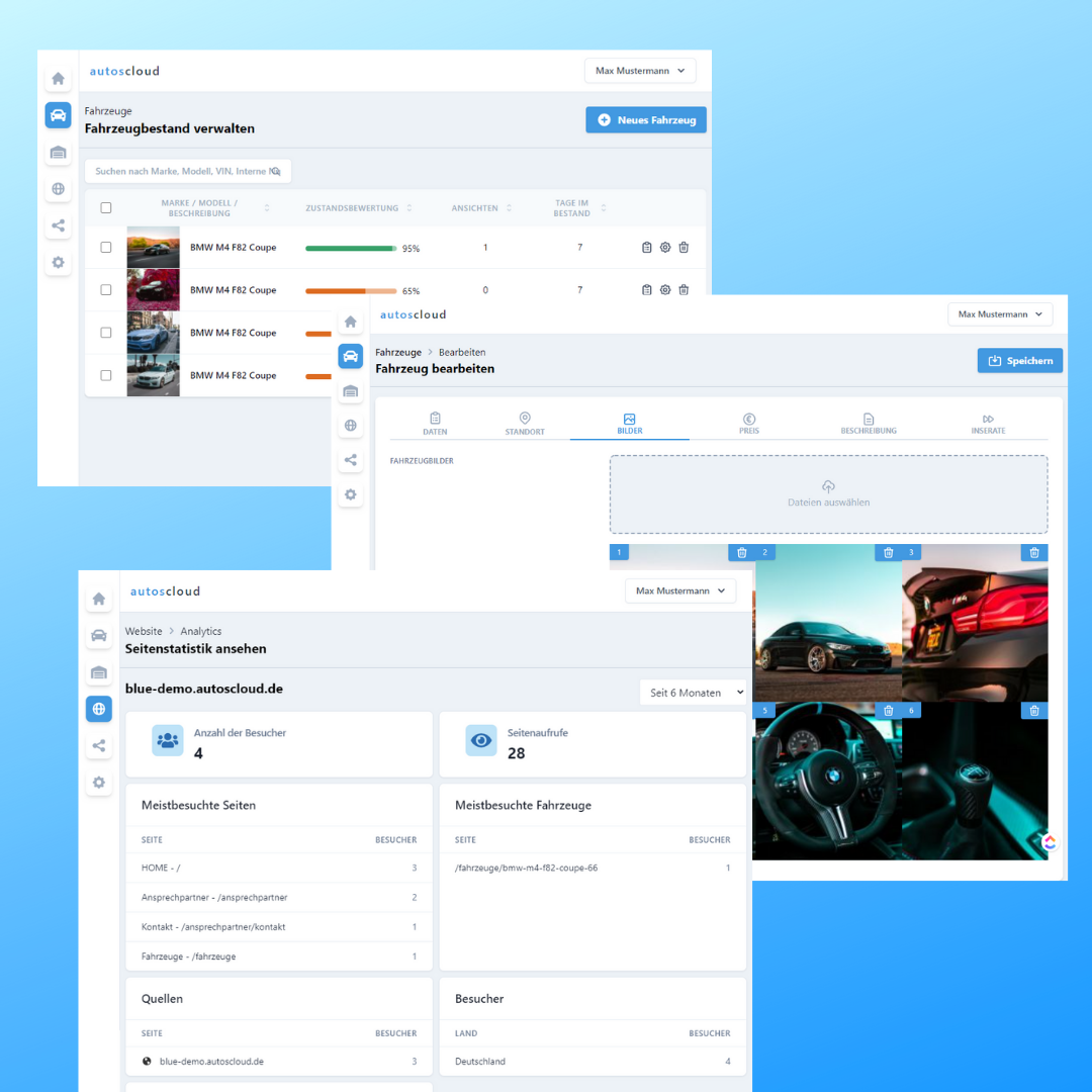 Fahrzeugverwaltung und Seitenstatistik für Autohändler